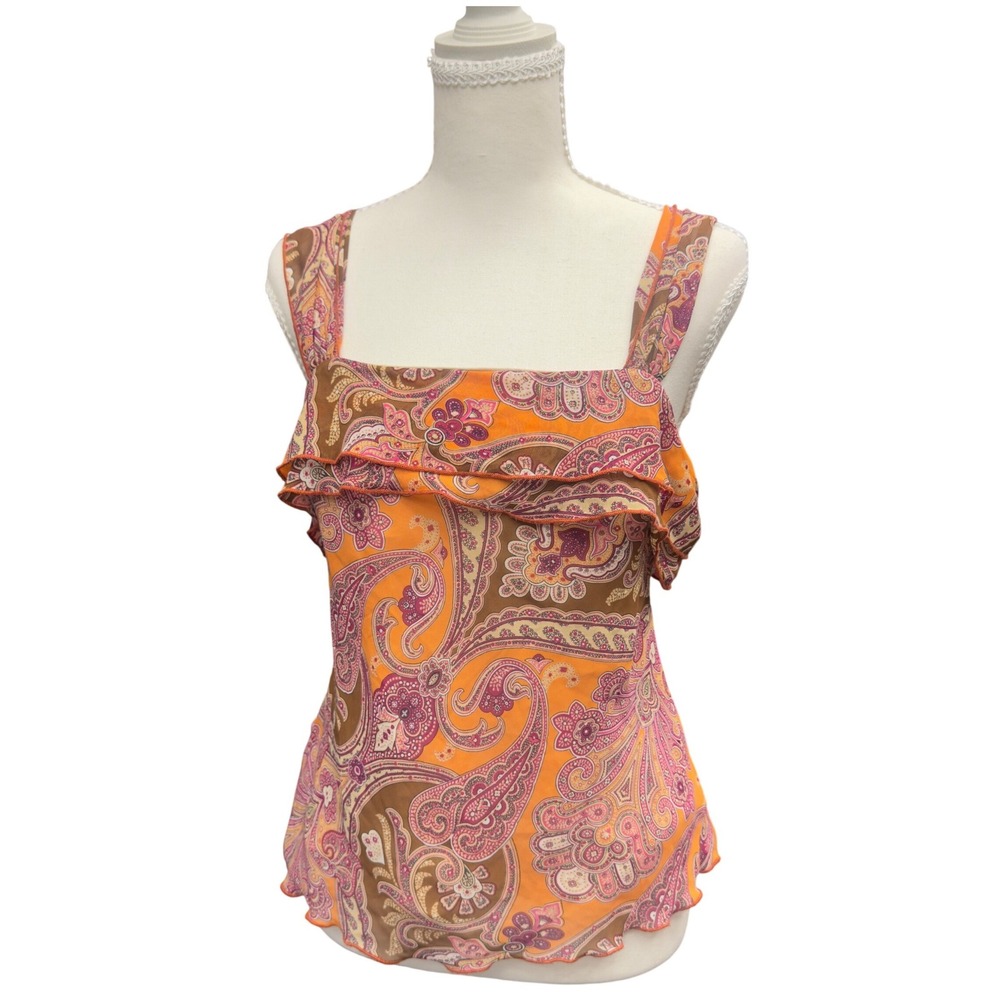 Rampage Clothing Co Orange Paisley Ruffle Cami Top XL Lettuce Edge Boho Y2K